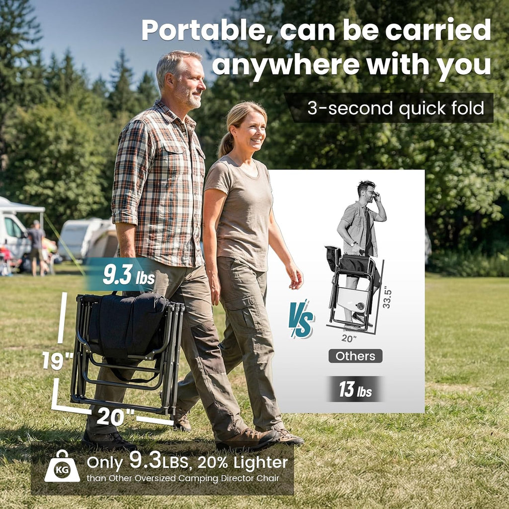 FUNDANGO Oversized Folding Chairs for Outside, Fully Padded Camping Director Chair for Adults, Support 450lbs Portable lawn chairs with Side Table, Side Pockets for outdoor Camp, Picnic, Lawn, Concert