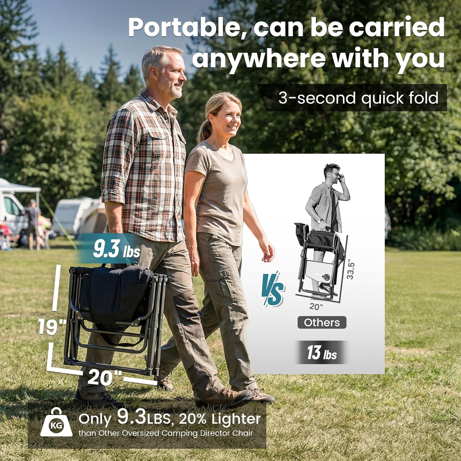 FUNDANGO Oversized Folding Chairs for Outside, Fully Padded Camping Director Chair for Adults, Support 450lbs Portable lawn chairs with Side Table, Side Pockets for outdoor Camp, Picnic, Lawn, Concert