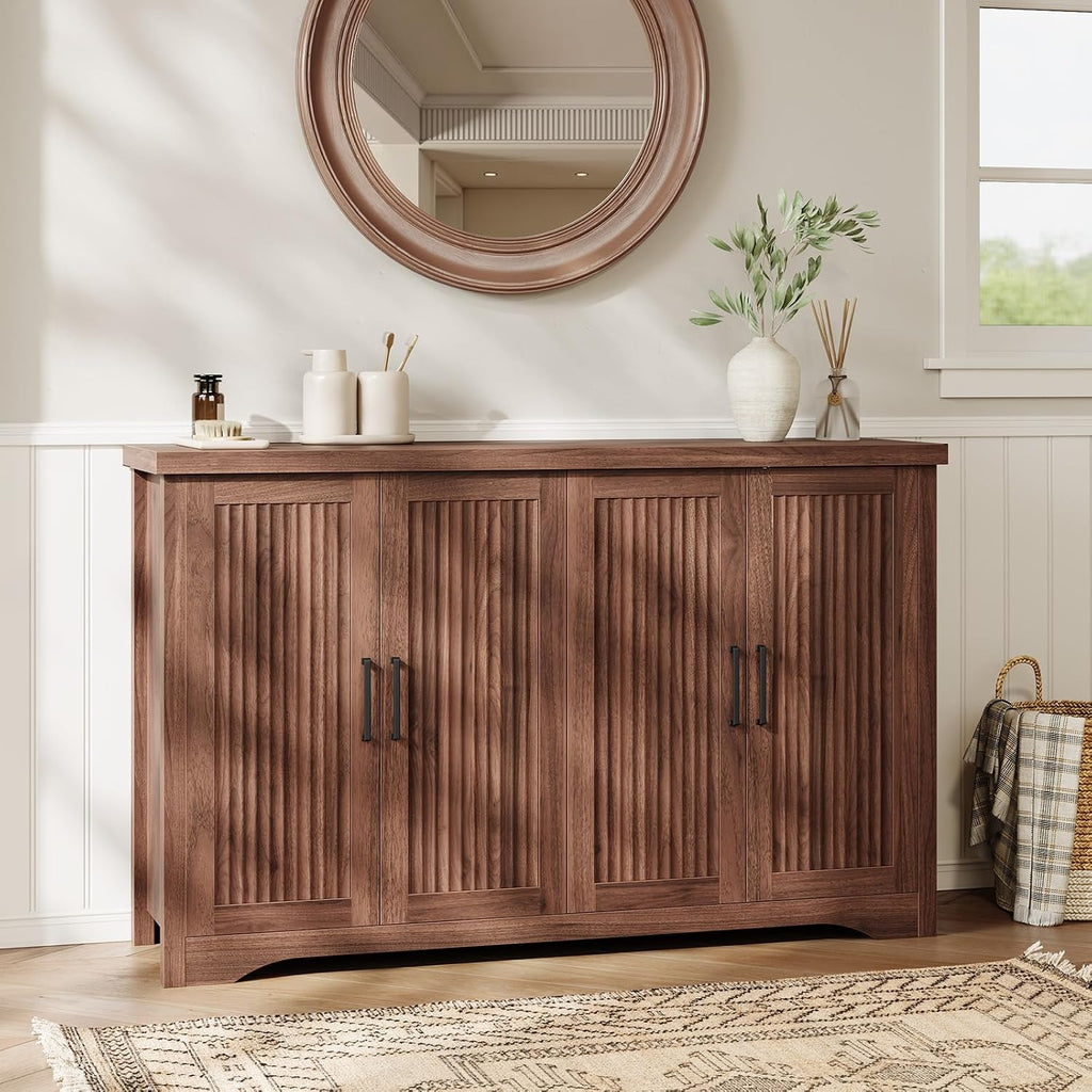 Memobarco Fluted Buffet Cabinet with Storage Accent Sideboard,Modern Credenza with 4 Doors & Adjustable Shelves,Wood Coffee Bar Table Console for Dining Room Kitchen Living Room Entryway, Walnut