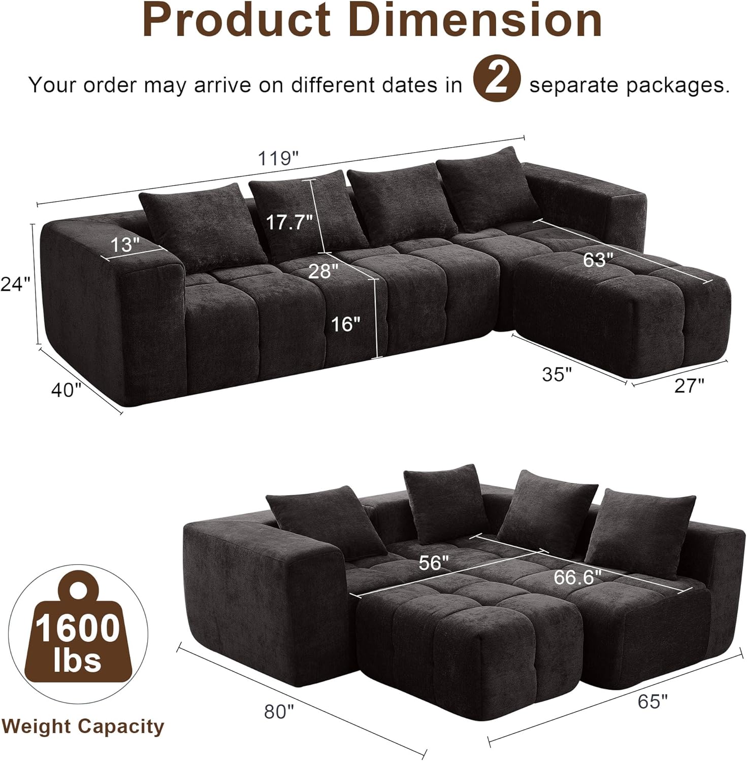 119" Couch, Cloud Sectional Couch with Deep Seat, High-Density Memory Foam and Chaise, Sectional L Shaped Sofa, Couches for Living Room, No Assembly Required Tufted Sofa, Dark Grey