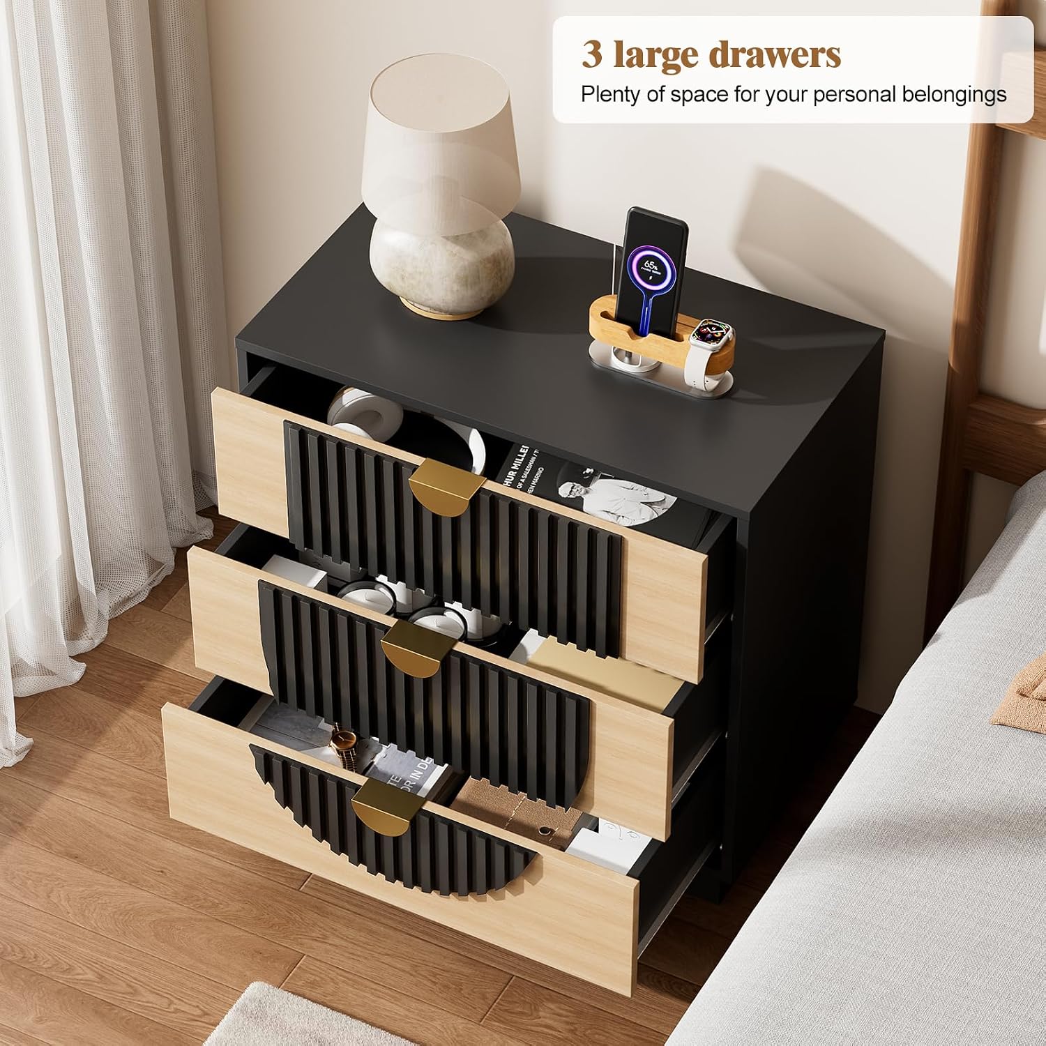 3 Drawer Nightstand with Charging Station, 28" Fluted Night Stand & Modern Bedside Table, Wood End Table Storage Cabinet for Bedroom Hallway, Entryway, Black Set of 2