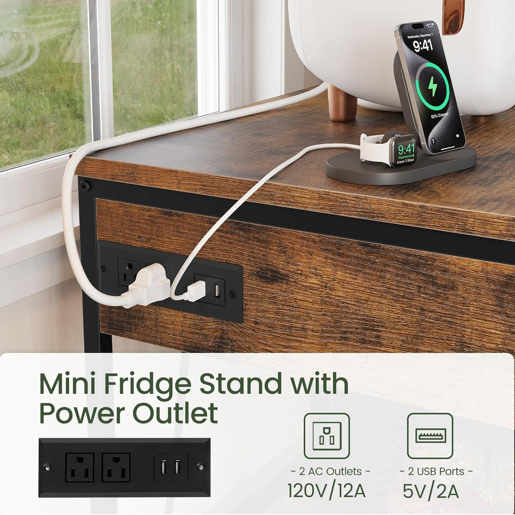 CHOEZON Mini Fridge Stand with Power Outlet, Large Side Table with 2AC and 2 USB Ports, Mobile Beverage Cart with Fabric Drawer for Dorm, Kitchen, Living Room, Rustic Brown and Black TBZ56UBF