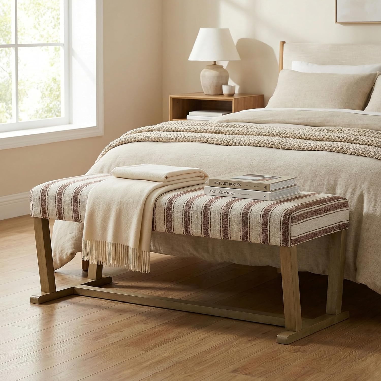VKNOW 41" Upholstered Entryway Bench, End of Bed Bench with Cushion and Rubber Wood, Kitchen Dining Bench, Striped Bench for Dining Table, Bedroom, Living Room, Brown