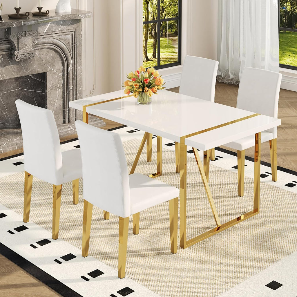 55" White Dining Table Set for 4, Modern Dining Table Set for 4, White Glossy Table with White Faux Leather Chairs, Gold Metal Frame Breakfast Table Set for 4 Ideal for Dining Room,Small Space