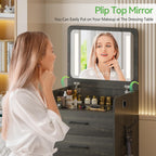 HNEBC 3 in 1 Vanity Desk with Plip Top LED Mirror for Bedroom,Rustic Oaky | Small Dressing Table with Visible Glass Desktop,Compact Vanity with 3 Drawers,Storage Compartment and Padded Stool