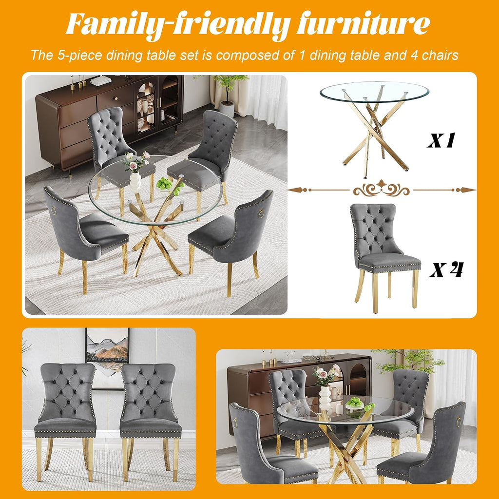 Glass Dining Table Set for 4, 5-Piece Round Tempered Glass Kitchen Table Set with 4 Velvet Upholstered Dining Chairs for Living Room, Kitchen, Small Apartment (Gold,Gray)