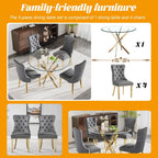 Glass Dining Table Set for 4, 5-Piece Round Tempered Glass Kitchen Table Set with 4 Velvet Upholstered Dining Chairs for Living Room, Kitchen, Small Apartment (Gold,Gray)
