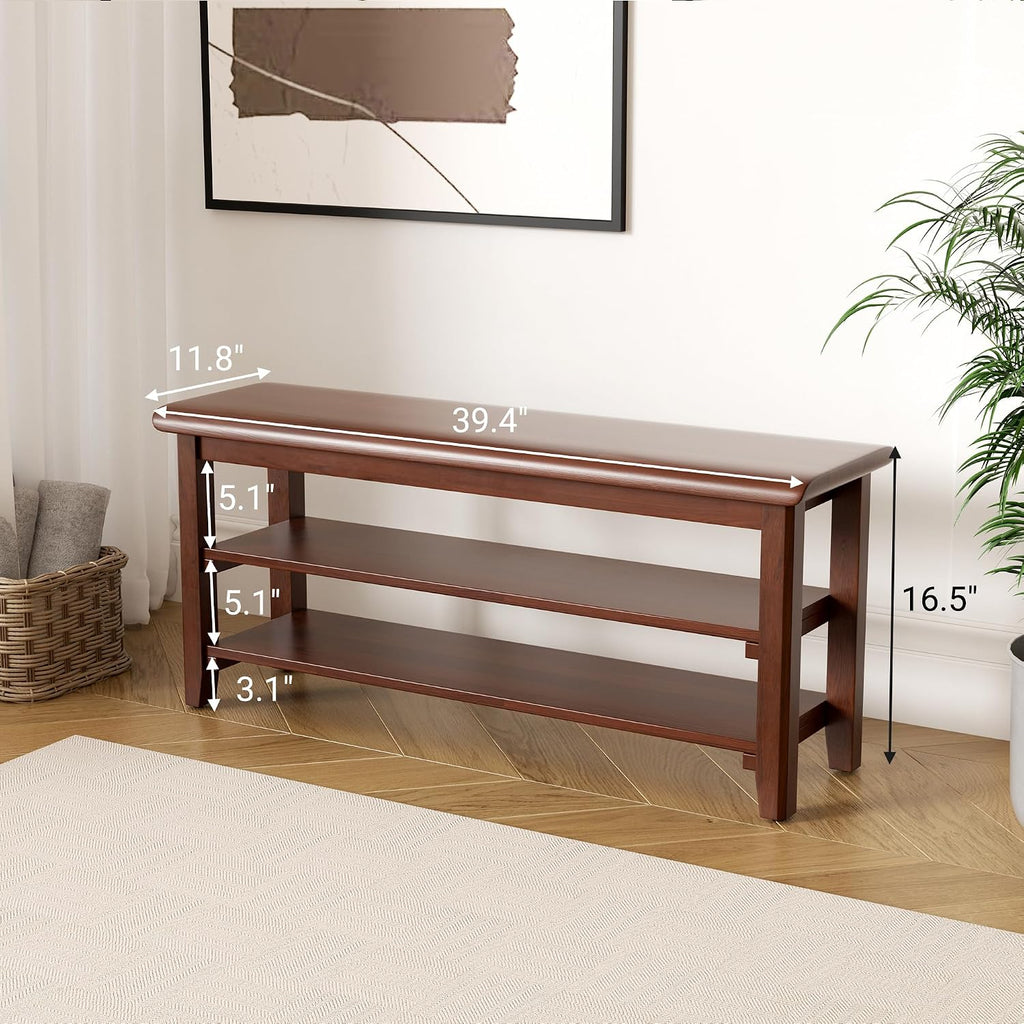 Shoe Rack Bench Mid Century Modern 2-Tier Shoe Rack Organizer for Entryway Hallway or Living Room Farmhouse Rustic Wooden Seat Bench Brown 11.8" Dx39.4 Wx16.5 H