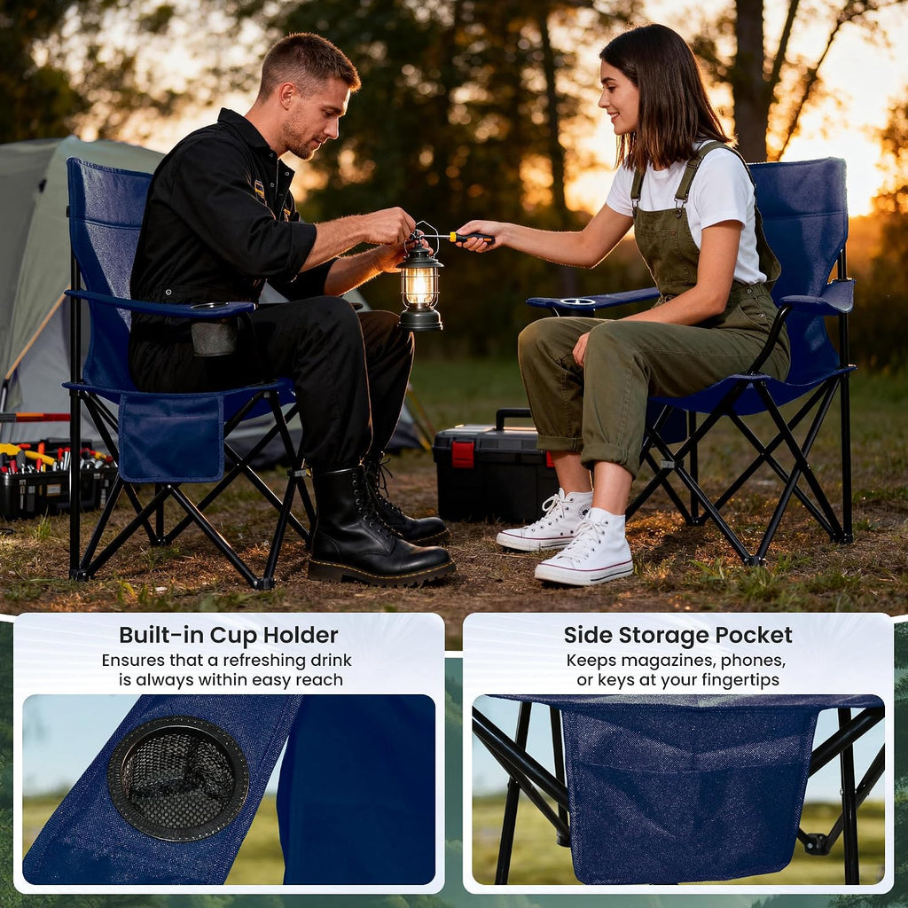 Portable Camping Chair 2 Pack, Folding Outdoor Chair with Cup Holder & Side Pocket for Camping, Hiking, Picnic, Beach (Navy Blue, 2 Pack)