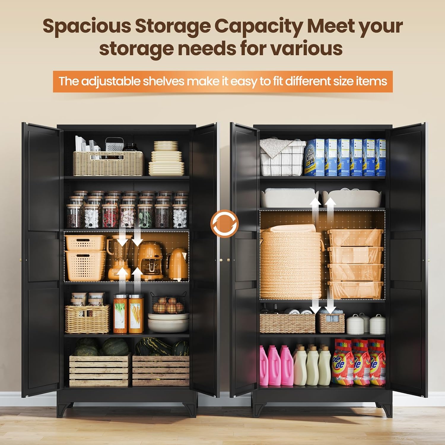 Yizosh Metal Pantry Cabinet, 75" Kitchen Pantry with 2 Door and 4 Adjustable Shelves,Black Metal Pantry Storage Cabinet,Cupboard for Kitchen,Dining Room,Living Room and Bathroom
