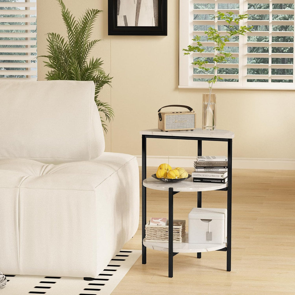 furlinkhm Marble Side End Table Set, 3-Tier Sofa Side Table, Small Round Coffee Bedside Corner Table with Metal Frame for Living Room Bedroom (1, White&Black)