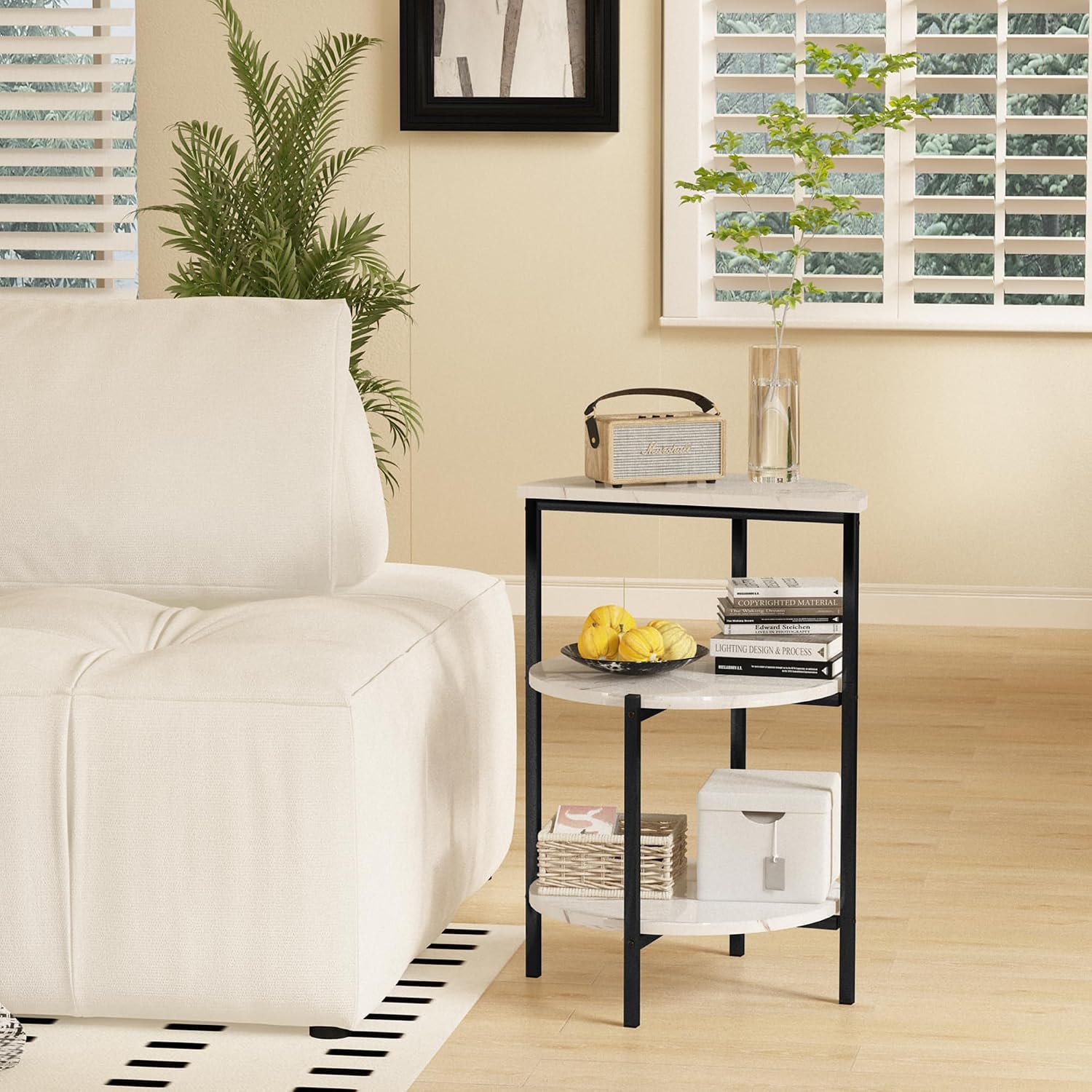furlinkhm Marble Side End Table Set, 3-Tier Sofa Side Table, Small Round Coffee Bedside Corner Table with Metal Frame for Living Room Bedroom (1, White&Black)
