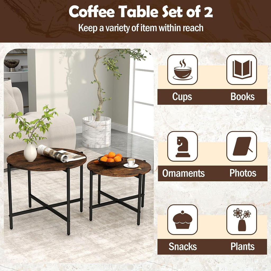 GOFLAME Nesting Coffee Table Set of 2, Round Coffee Tables with Wood Tabletop & Heavy-Duty Metal Frame, Modern Circle End Table & Side Tables, Nesting Tables for Living Room, Bedroom (Rustic Brown)