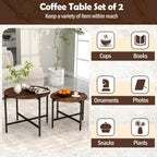GOFLAME Nesting Coffee Table Set of 2, Round Coffee Tables with Wood Tabletop & Heavy-Duty Metal Frame, Modern Circle End Table & Side Tables, Nesting Tables for Living Room, Bedroom (Rustic Brown)