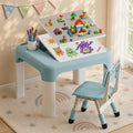 GITAWUSA Kids Table and Chair Set, Tilt Double-Sided, Storage, Grayish Blue | Height Adjustable Graffiti & Blocks Desktop, Toddler Activity Table for Age 3+ , Children Table for Playroom, Daycare, Home