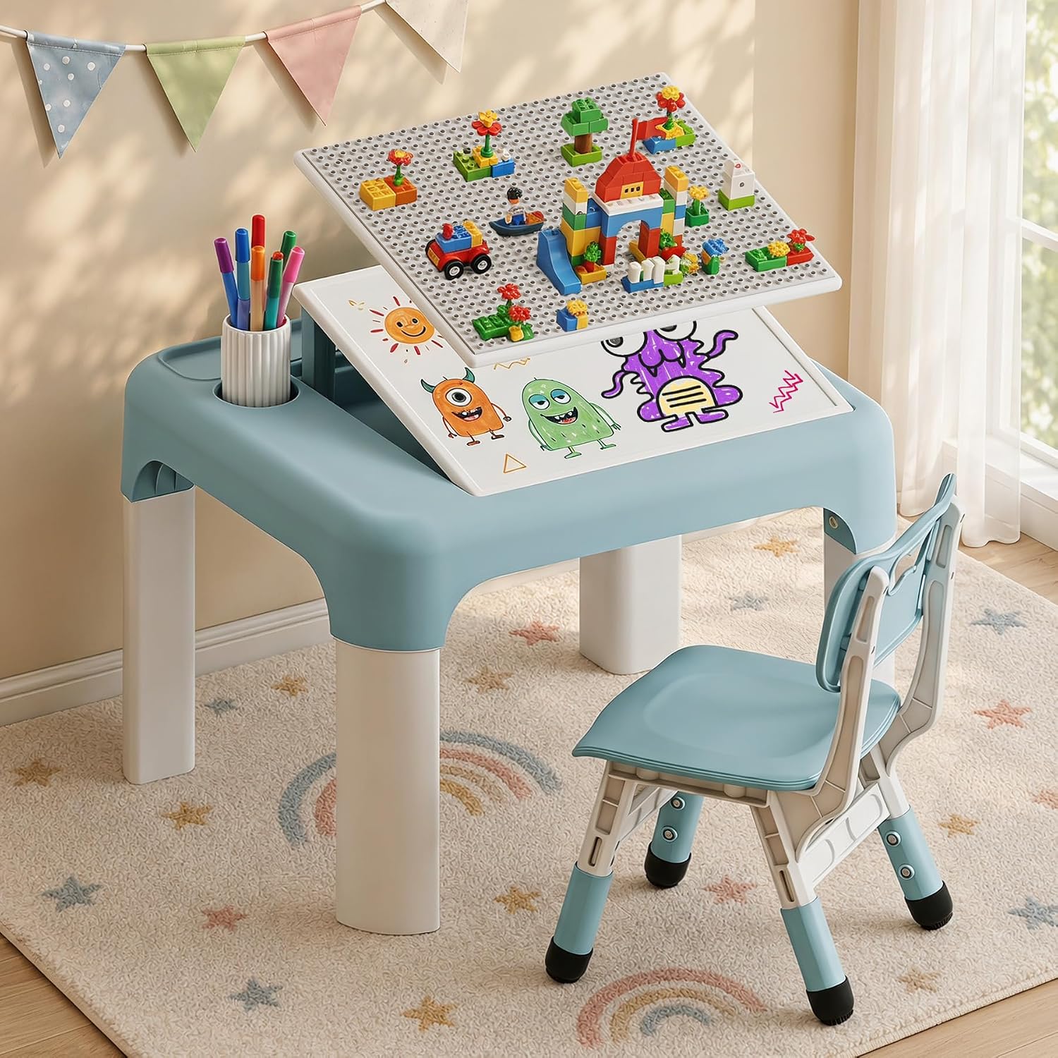 GITAWUSA Kids Table and Chair Set, Tilt Double-Sided, Storage, Grayish Blue | Height Adjustable Graffiti & Blocks Desktop, Toddler Activity Table for Age 3+ , Children Table for Playroom, Daycare, Home
