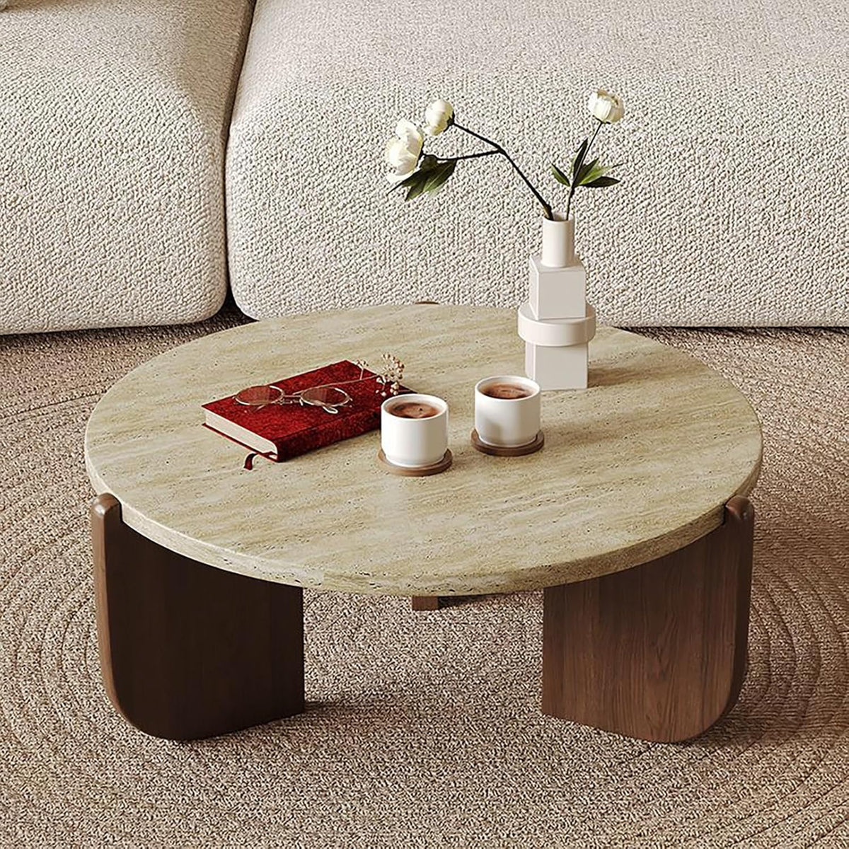 FORRTY Coffee Table,Sofa Table,End Tables, Slate Stone+Solid Wood, Sturdy And Durable,Waterproof And Scratch-resistant,Easy To Install,Suitable For Living Room,Bedroom, Study，balcony Other Spaces(Roun
