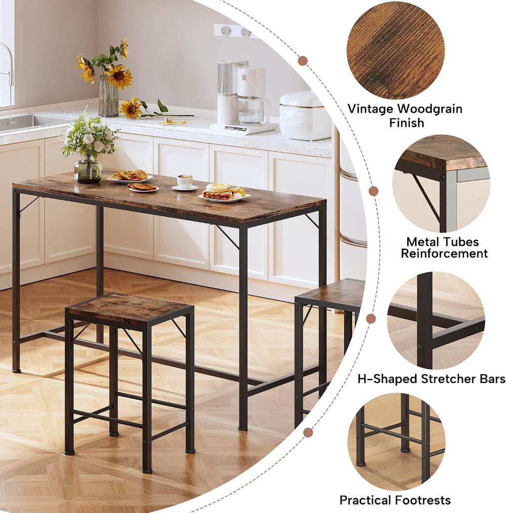 Homeiju Bar Table and Chairs Set, Dining Table with 2 Stools | Space-Saving Pub Table and Chairs, Perfect for Kitchen, Breakfast Nook, Living Room & Small Spaces (Rustic Brown)