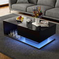 holzart Compact Low-Profile Coffee Table with LED Lights & Storage, 39.4" Small Black High Gloss Modern Center Table with Tempered Glass & Drawer for Small Spaces, Apartments & Gaming
