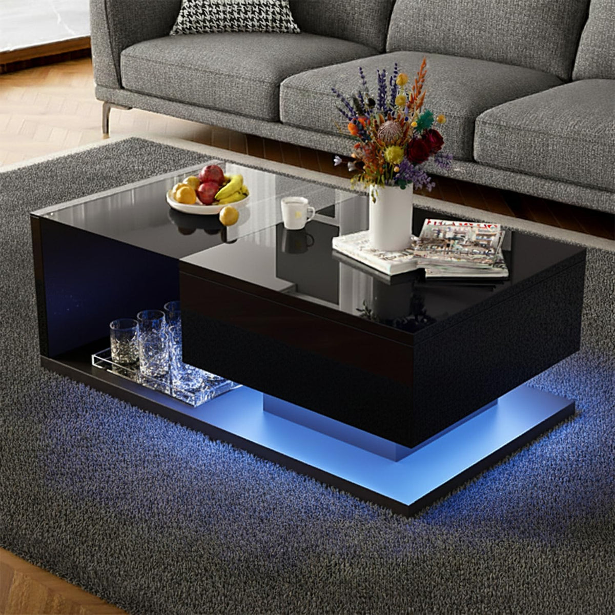 holzart Compact Low-Profile Coffee Table with LED Lights & Storage, 39.4" Small Black High Gloss Modern Center Table with Tempered Glass & Drawer for Small Spaces, Apartments & Gaming
