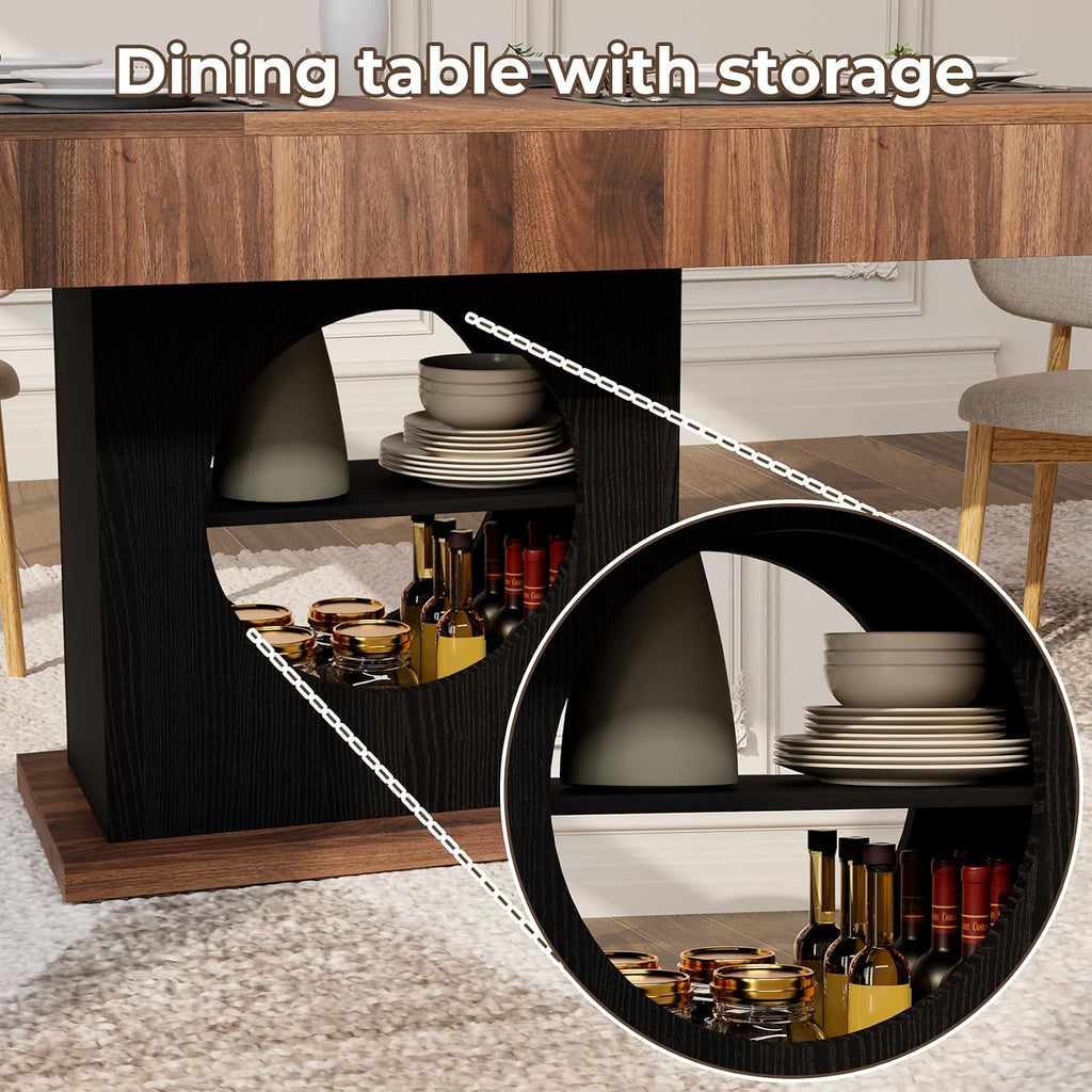 55" Dining Table for 4 to 6 People, Farmhouse Wood Dinner Table with Drawers & Open Storage for Kitchen, Dining Room & Living Room (Walnut & Black)