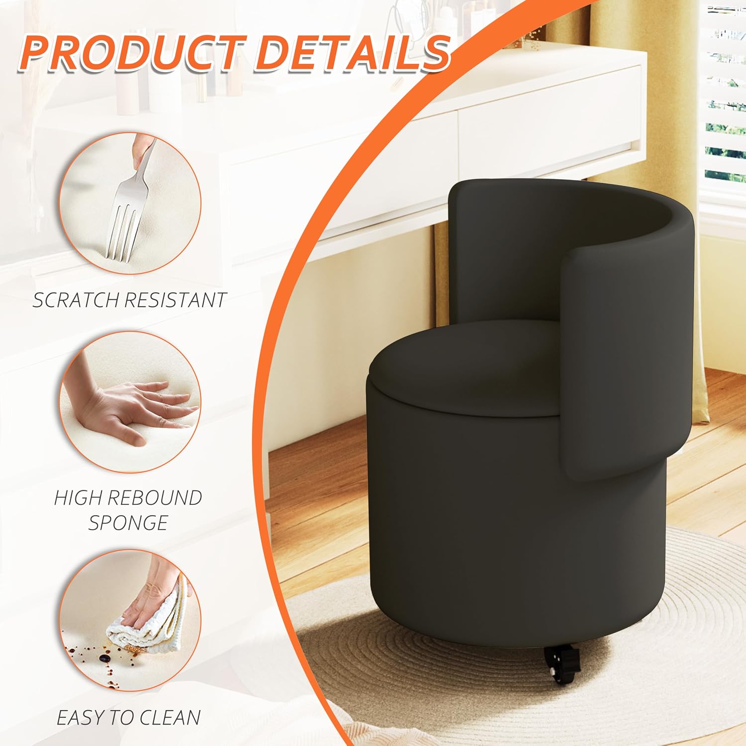 Round Vanity Chair with Storage, Rolling PU Leather Swivel Work Makeup Stool Chair with Folding Back, Upholstered Ottomans for Bedroom Living Room