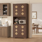 IDEALHOUSE Mid Century Modern Kitchen Pantry Cabinet, 72" Tall Storage Cabinet with Microwave Shelf, Wooden Freestand Cupboard with Carved Flower Door & Crystal Handle, for Dining Room