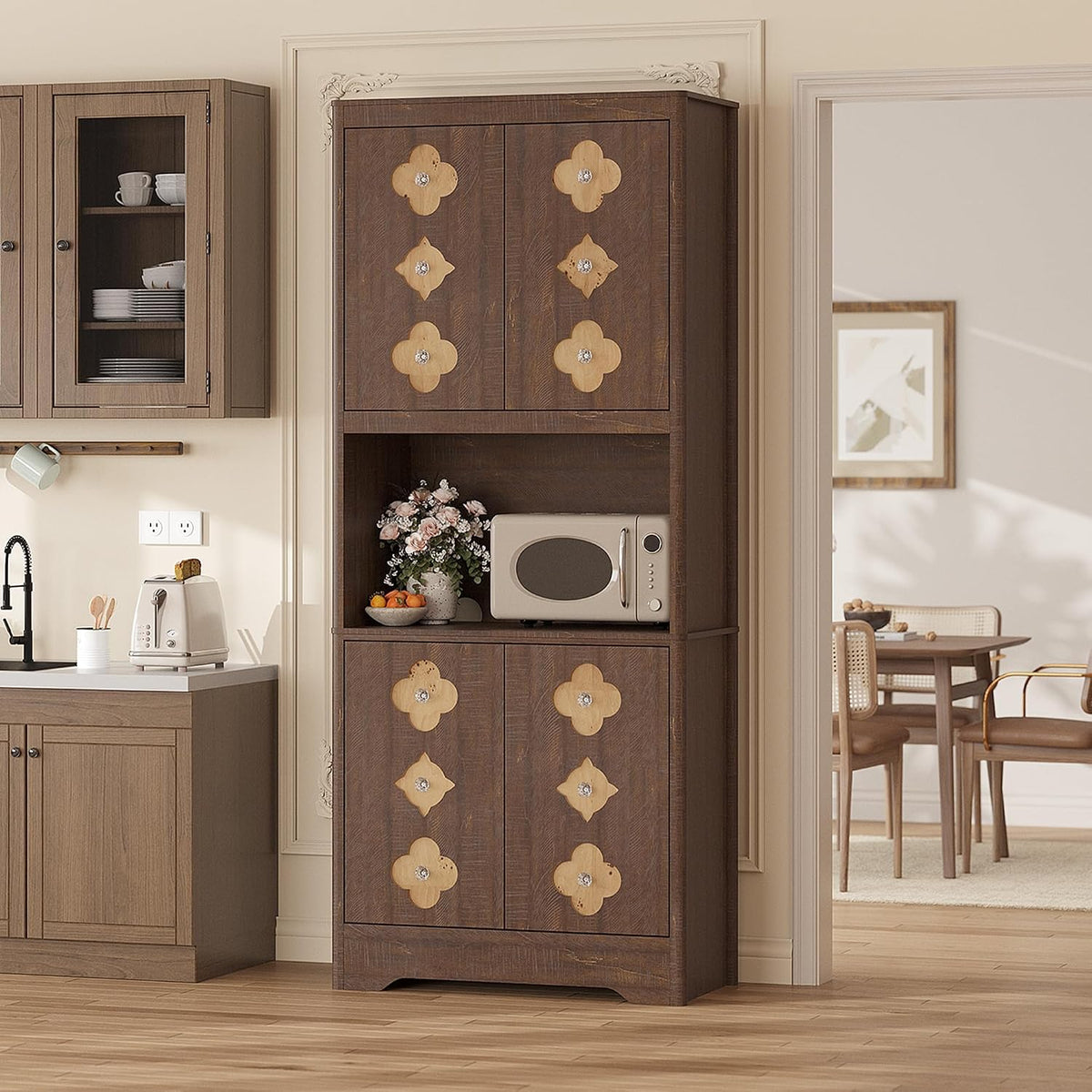 IDEALHOUSE Mid Century Modern Kitchen Pantry Cabinet, 72" Tall Storage Cabinet with Microwave Shelf, Wooden Freestand Cupboard with Carved Flower Door & Crystal Handle, for Dining Room