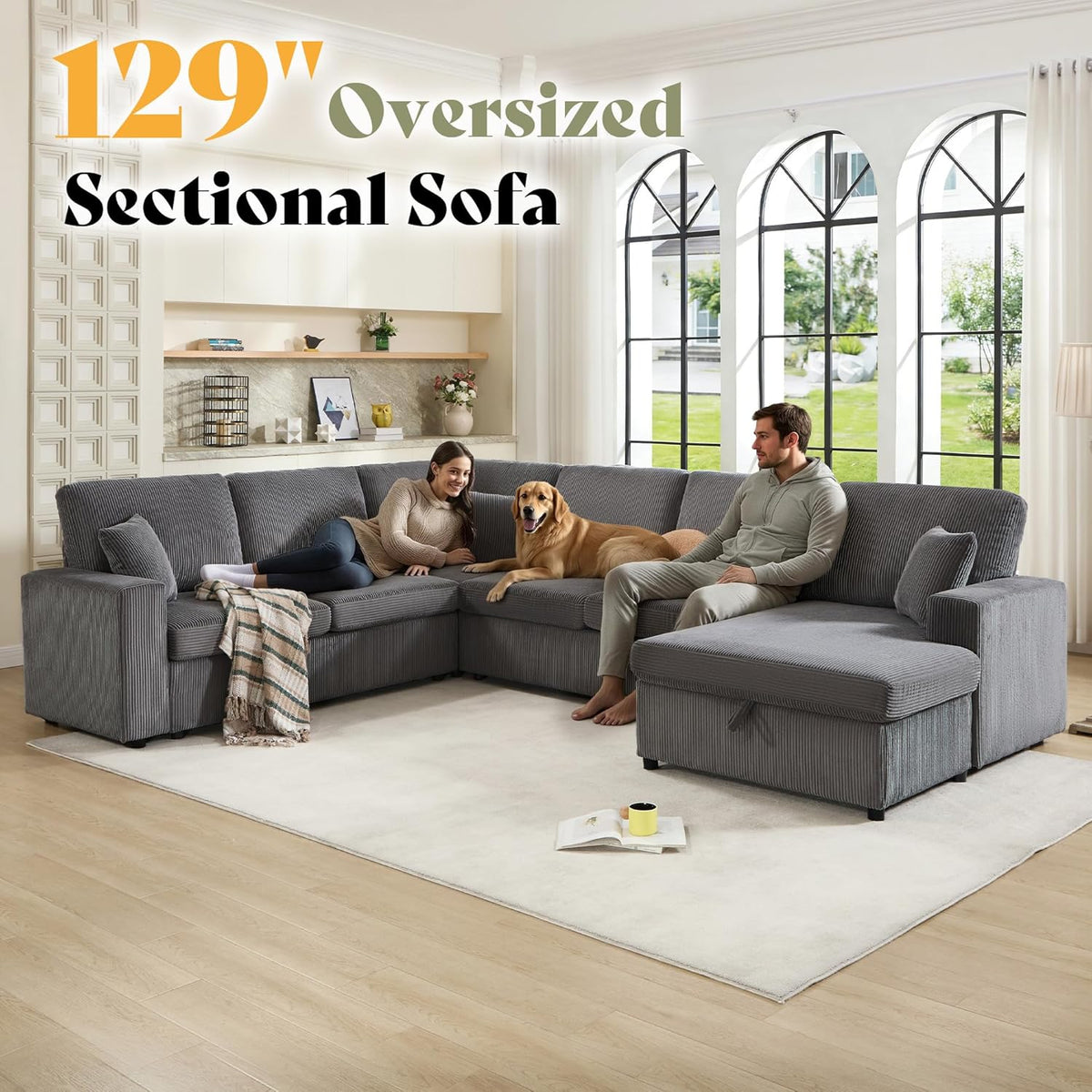 130" Sectional Couches for Living Room, Modular Sectional Sofa, Grey | Sofa Converts to Sleeper, Throw Pillows