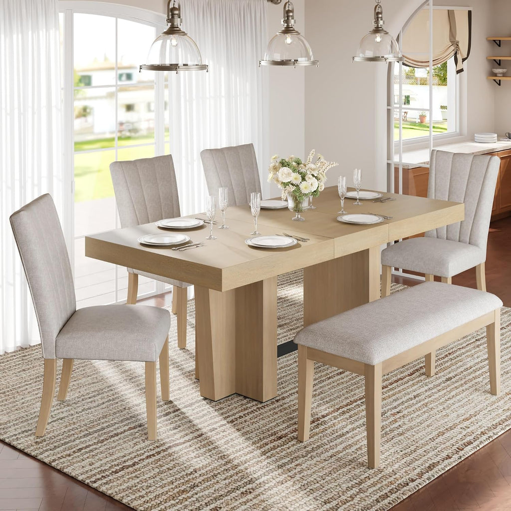 Quarte Farmhouse 78.1inch Extendable Wood Dining Table Set, 6-Piece Kitchen Table Set with Bench and 4 Upholstered Chairs,3.8inch Thick Tabletop and Trestle Legs (01-Natural)