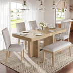 Quarte Farmhouse 78.1inch Extendable Wood Dining Table Set, 6-Piece Kitchen Table Set with Bench and 4 Upholstered Chairs,3.8inch Thick Tabletop and Trestle Legs (01-Natural)