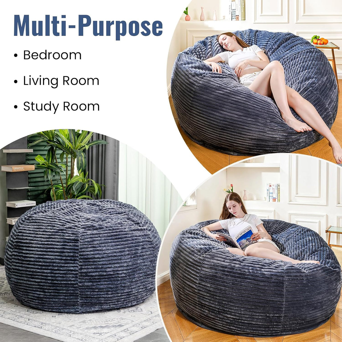 6FT Bean Bag Chair for Adults, Giant Beanbag with Shredded Memory Foam Filling, Premium Corduroy Cover Oversized Floor Lounger, Comfy Sofa Chair for Bedroom, Living Room & Dorm (Grey)