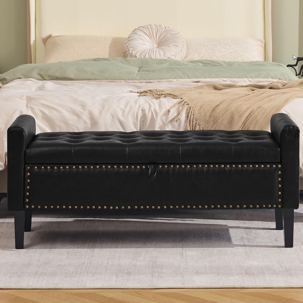 WUTUTUEE 47" Modern Water-Resistant Faux Leather Storage Ottoman Bench with Wooden Legs, Upholstered End of Bed Bench for Bedroom, Living Room or Entryway, Black