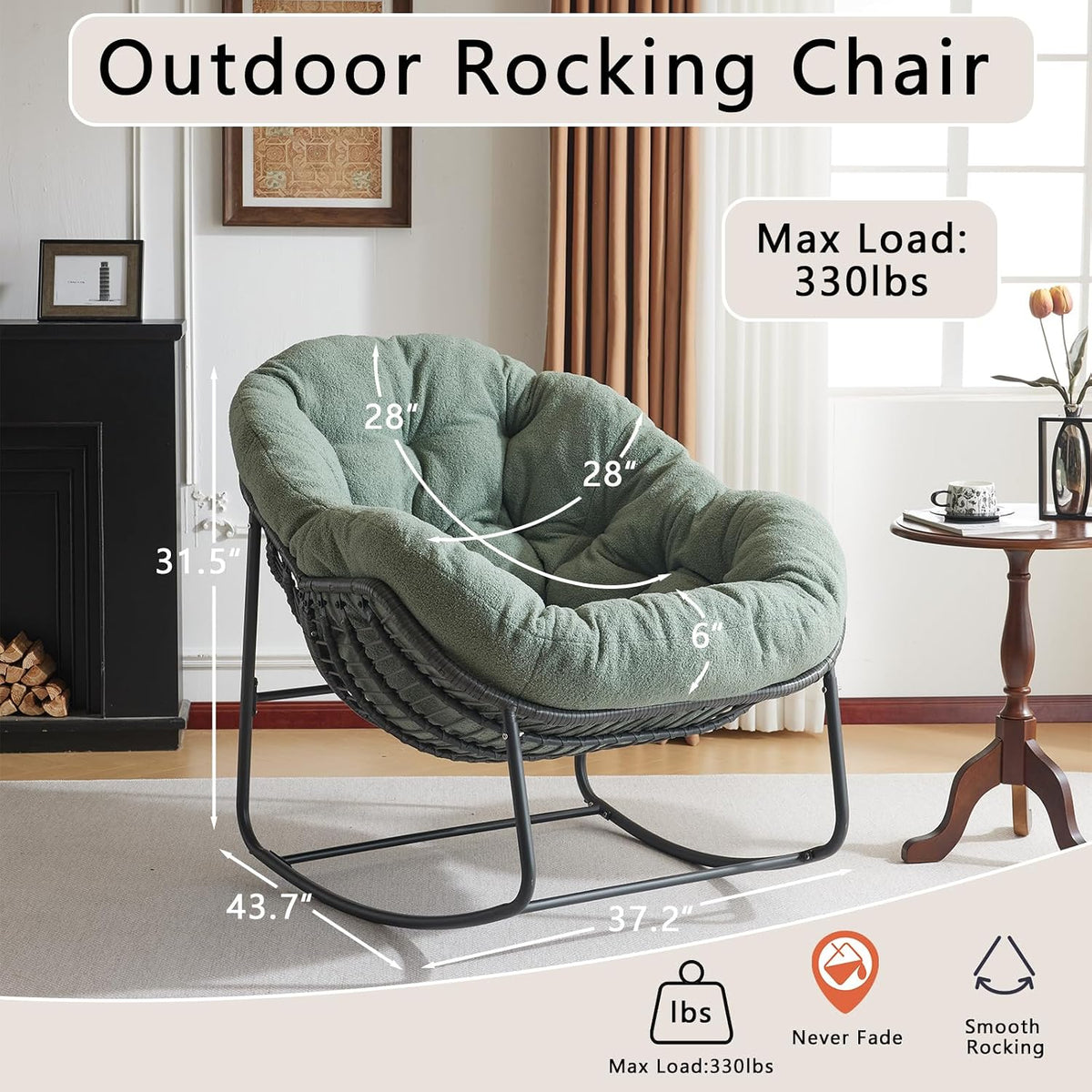 Oversized Outdoor Papasan Rocking Chair with Soft Cushion, Comfy Patio Egg Chair, Wicker Lounge Rocker for Balcony/Porch/Garden, Reinforced All Weather Rattan Frame, 330 lbs Support, Hunter Green