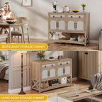 DWVO 47.2" Rattan Buffet Sideboard Cabinet with Storage, Farmhouse Coffee Bar Cabinet w/2 Drawers, 4-Doors Console Table with Adjustable Shelves for Kitchen, Dining Room, Living Room, Entryway (Oak)