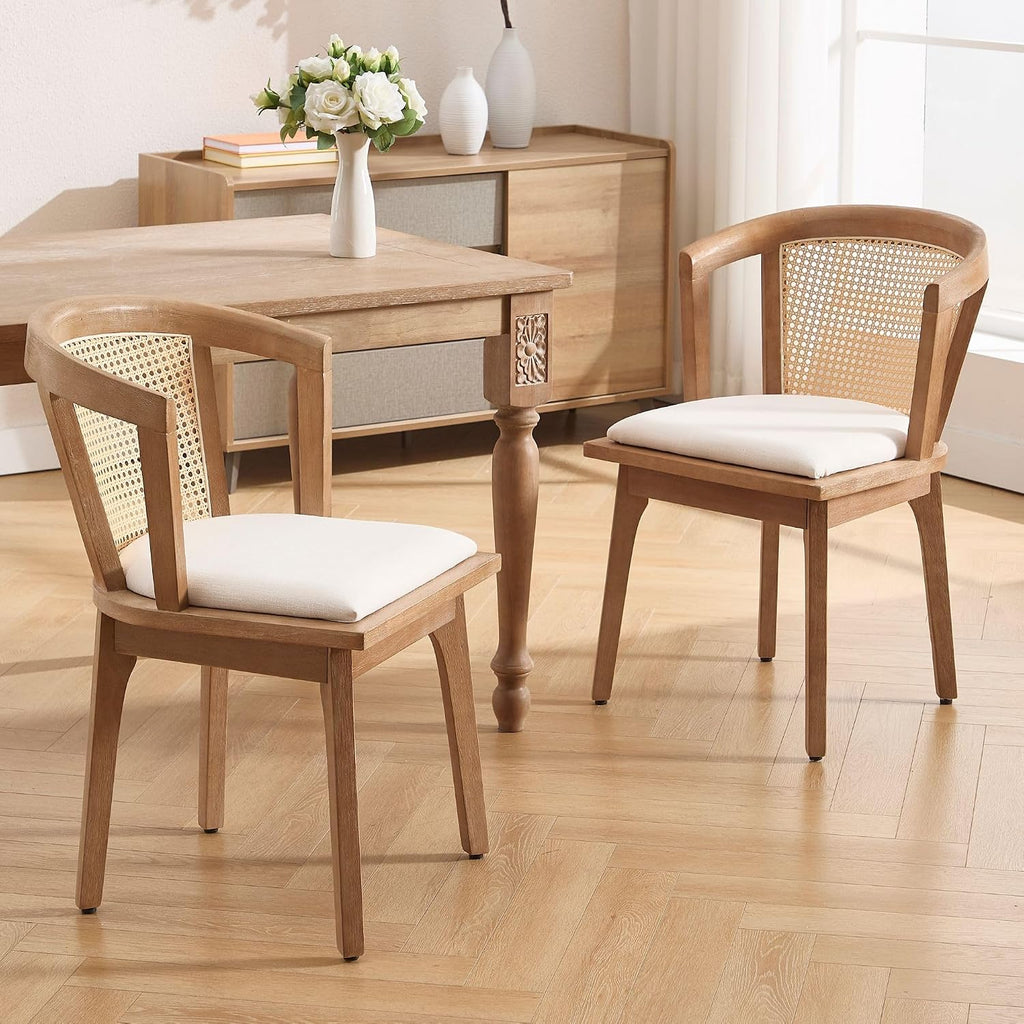 BESTANO Rattan Dining Chairs Set of 2, Mid Century Modern Farmhouse Wood Dining Room Chairs, Upholstered Comfortable Kitchen Dining Side Chair with Cane Woven Back, Beige Linen