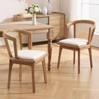 BESTANO Rattan Dining Chairs Set of 2, Mid Century Modern Farmhouse Wood Dining Room Chairs, Upholstered Comfortable Kitchen Dining Side Chair with Cane Woven Back, Beige Linen