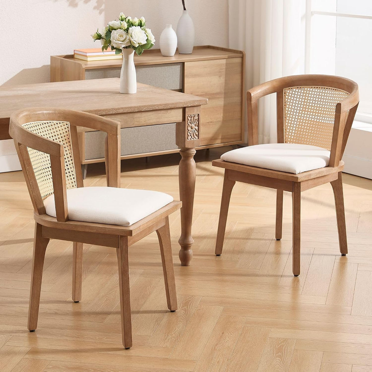 BESTANO Rattan Dining Chairs Set of 2, Mid Century Modern Farmhouse Wood Dining Room Chairs, Upholstered Comfortable Kitchen Dining Side Chair with Cane Woven Back, Beige Linen