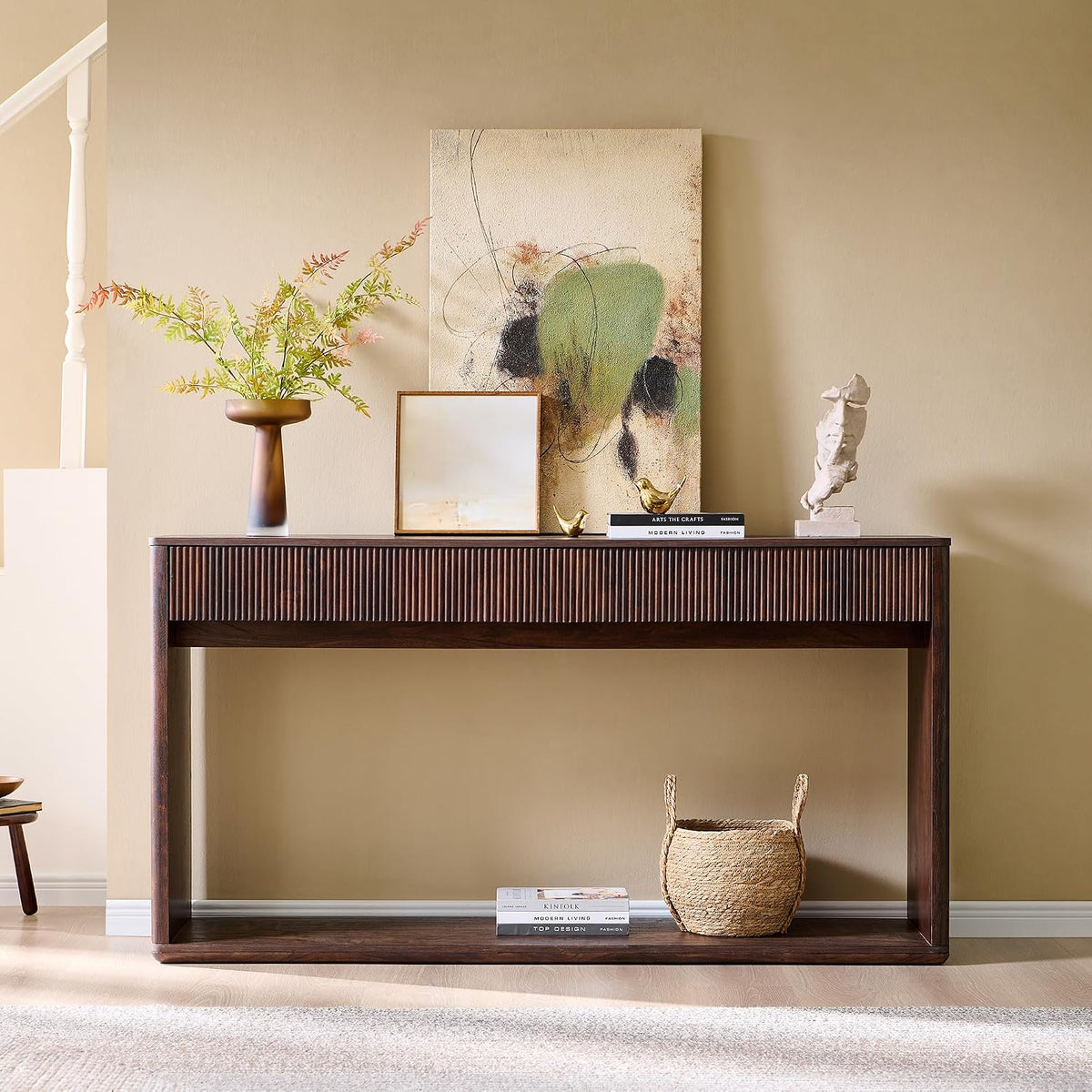 OKD 63" Fluted Console Table for Entryway with 2 Large Drawers, Dark Walnut | Modern Entryway Table, Long Sofa Table Behind Couch for Living Room, Hallway, Couch, Foyer, Versatile Storage