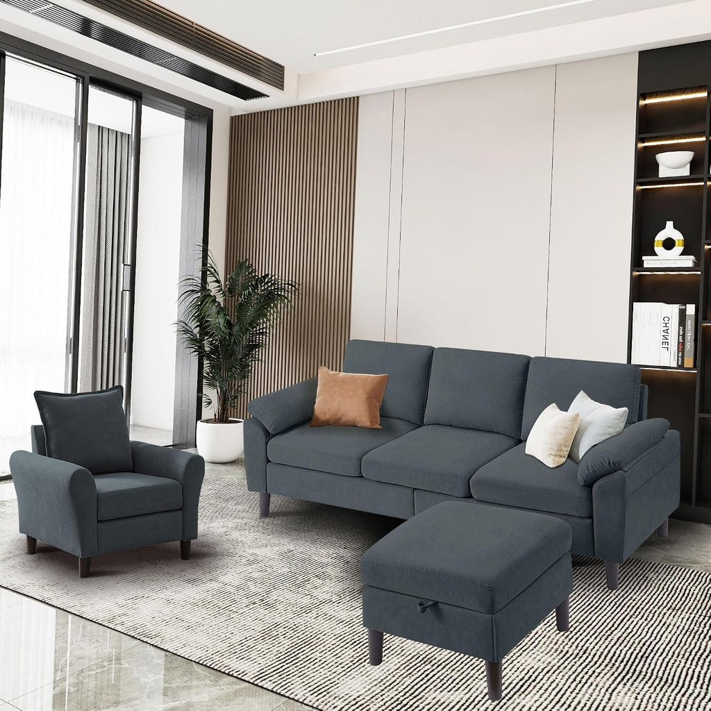 Convertible Sectional Sofa Set, 79" Modern L Shaped Couch, Linen Upholstered 3 Seat Sofa and 35" Accent Chair, Couches for Living Room, Apartment, Dark Grey