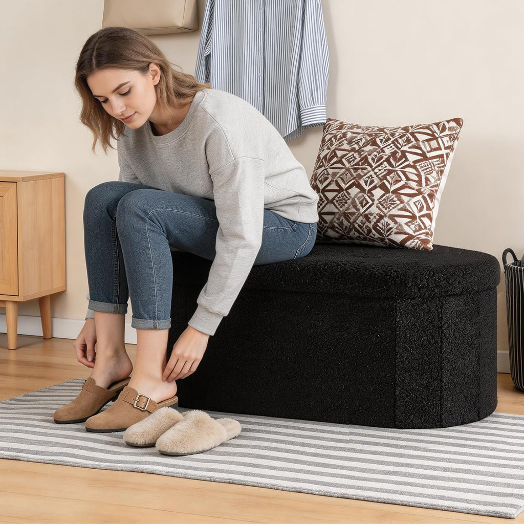 DUMOS Folding Storage Ottoman Bench, Oval Round Ottoman End of Bed Foot Rest Bench Stool with Cushion, Storage Chest for Bedroom, Living Room, Entryway, Dorm, Teddy Fabric, Black