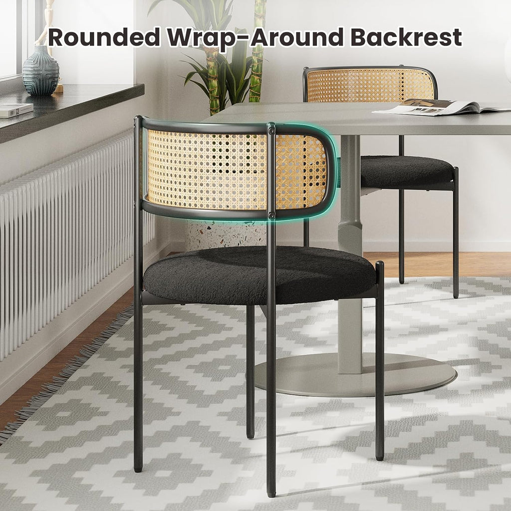 Farini Dining Chairs Set of 4,Mid-Century Modern Kitchen Chair Rattan Backrest Round Upholstered Sherpa Dining Chairs with Metal Legs,Black