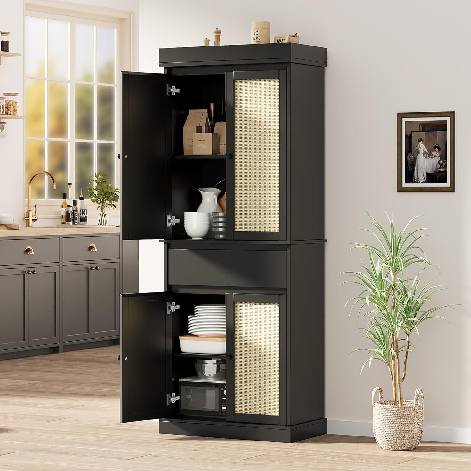 IDEALHOUSE Pantry Cabinet,70" Tall Kitchen Pantry Cabinet with 4 Doors and 3 Adjustable Shelves, Freestanding Cupboard, Modern Storage Cabinet for Bathroom, Dining Room, Living Room， Black Rattan