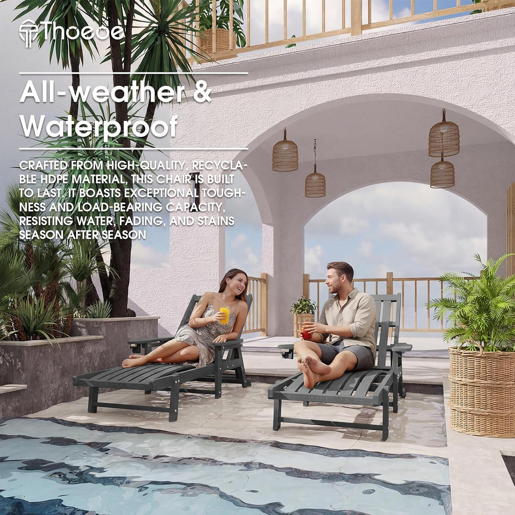 Outdoor Chaise Lounge Chair Set of 2,HDPE lounge chair outdoor with Wheels | Oversized pool lounge chairs with cup holder, 5 adjustable position for patio,outside,pool,deck