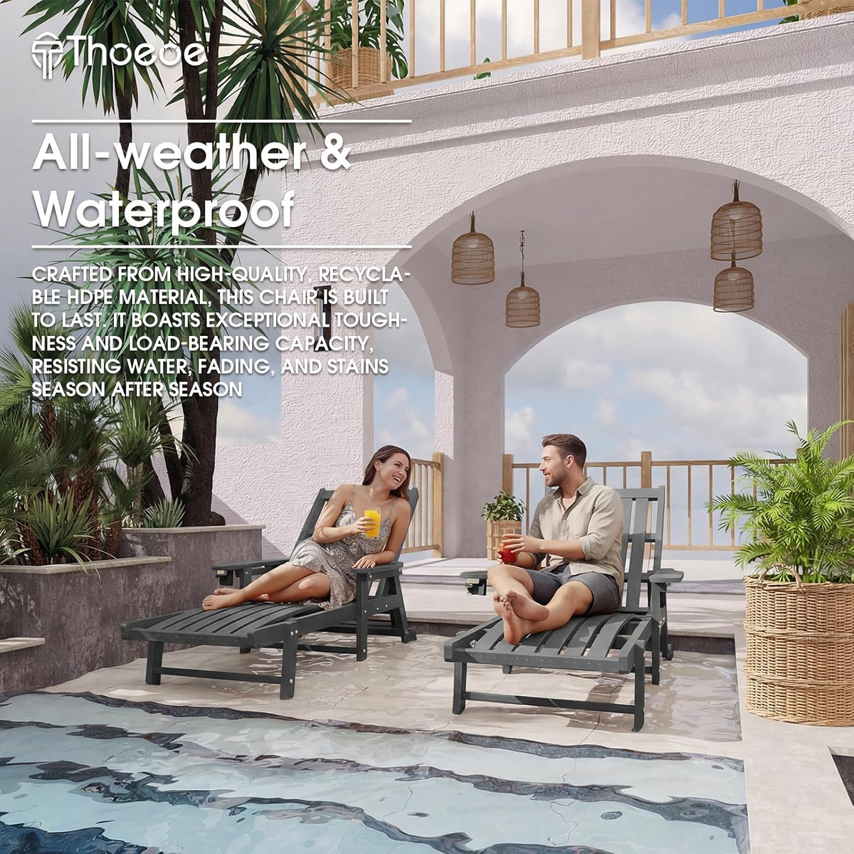 Outdoor Chaise Lounge Chair Set of 2,HDPE lounge chair outdoor with Wheels | Oversized pool lounge chairs with cup holder, 5 adjustable position for patio,outside,pool,deck