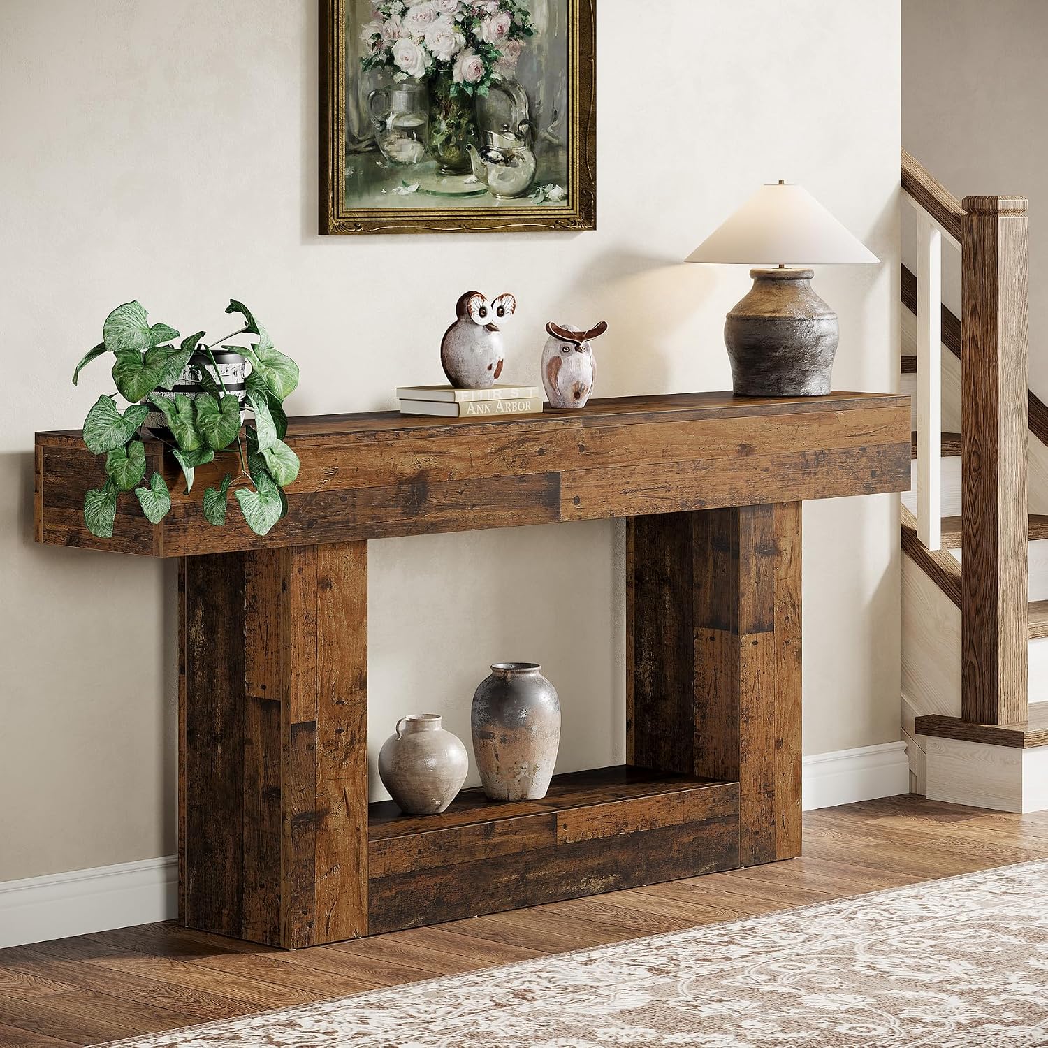 Tribesigns 63" Console Table, Farmhouse 2-Tier Entryway Table with U-Shaped Base, Narrow Long Wood Sofa Table Behind Couch Table for Living Room, Hallway, Foyer, Mix Brown