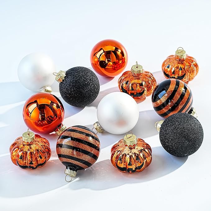 Halloween Tree Ornament Decorations Indoor, 12-Pack Pumpkin Decorative Hanging Ball Ornaments Set for Halloween Christmas Tree, Holiday Party Indoor Home Decor