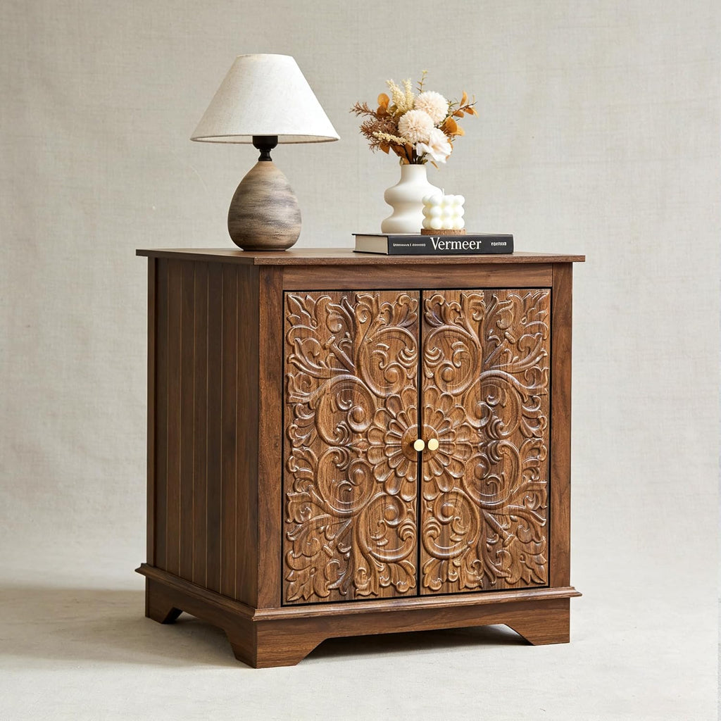weselon Farmhouse End Table with Carved Floral Door, 24" Wide Nightstand with Adjustable Shelf, Wooden Square Sofa Side Table Storage Table for Living Room Bedroom (Walnut)