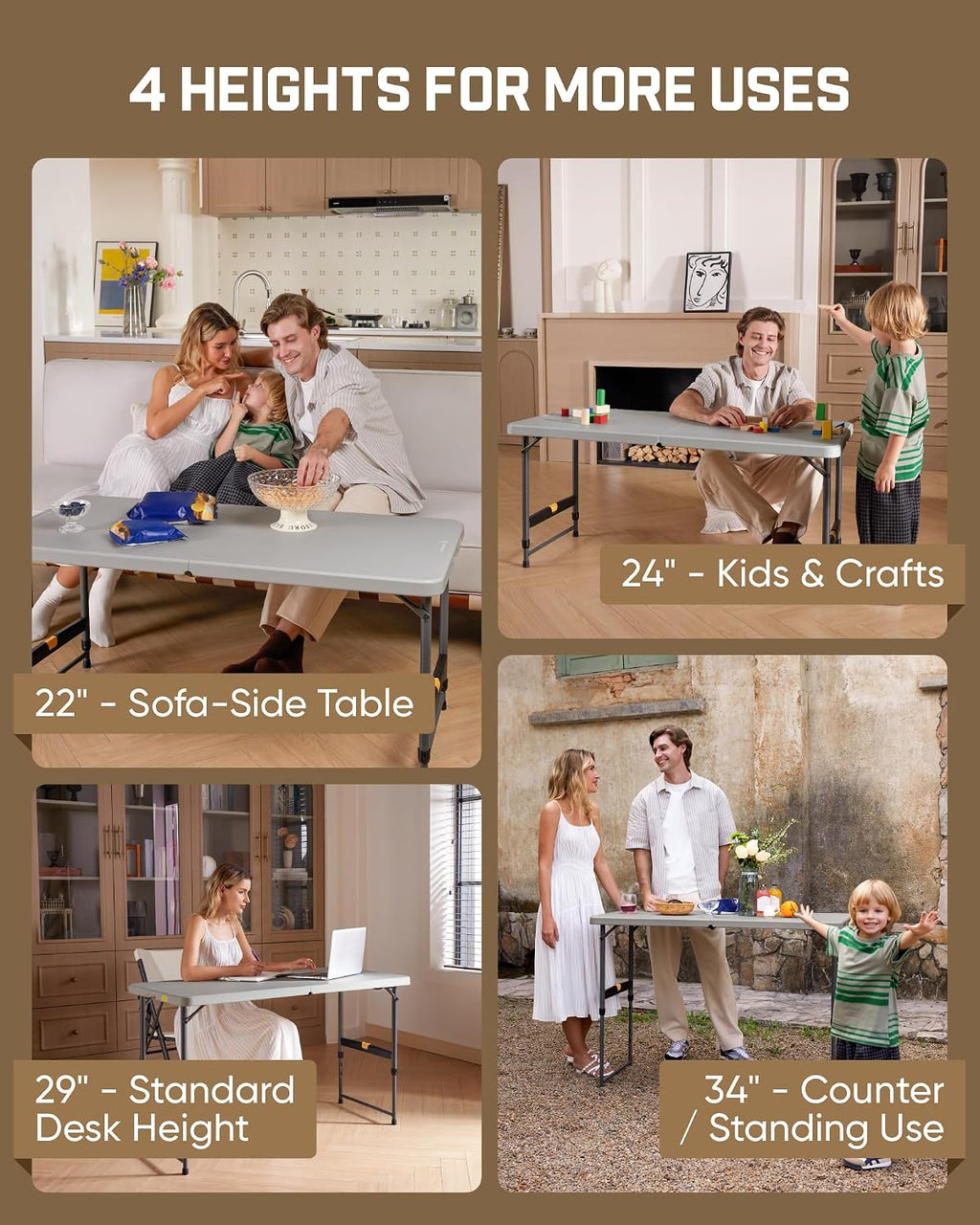 FanttikOutdoor Folding Table 4 Foot Quick Adjust Portable Plastic 4 Heights | Effortless Adjustable Height Small Card Table, Fixing Lock Indoor Outdoor Use for Party Camping, 1 Pack Grey Zeta X4 Pro