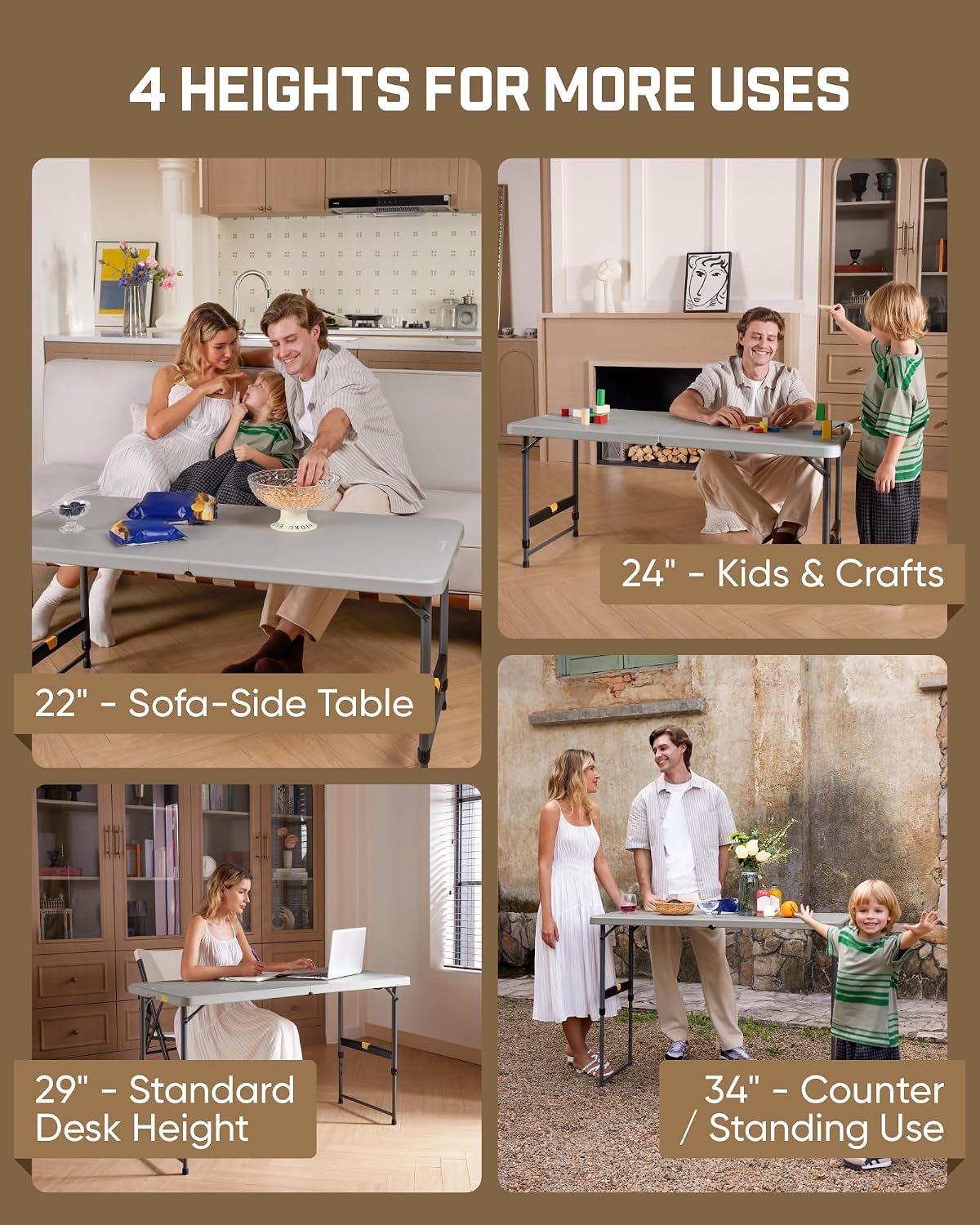 FanttikOutdoor Folding Table 4 Foot Quick Adjust Portable Plastic 4 Heights | Effortless Adjustable Height Small Card Table, Fixing Lock Indoor Outdoor Use for Party Camping, 1 Pack Grey Zeta X4 Pro